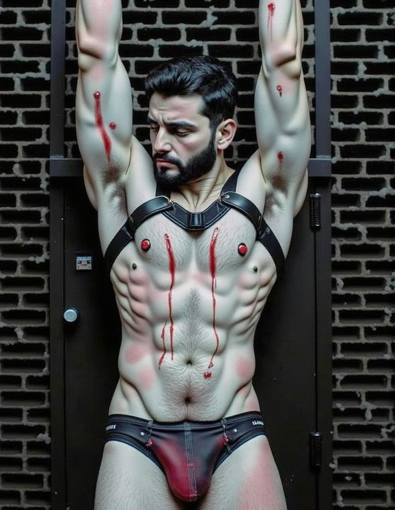 Bdsm. Chico masoquista ha sido  torturado duramente permanece atado por las manos.