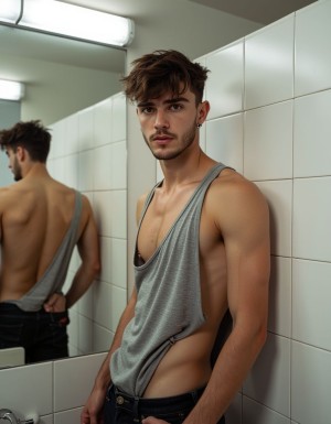 Hombre español de 21 años, complexión atlética y esbelta, pecho definido, poco vello corporal, pelo castaño oscuro revuelto, barba incipiente de tres días, mandíbula marcada, expresión chulesca y retadora, sin tatuajes, piel clara, apoyado en una pared de azulejos blancos de baño, camiseta de tirantes gris ajustada ligeramente subida dejando ver el abdomen, vaqueros oscuros bajos en la cadera, iluminación de tubo fluorescente, espejo al fondo reflejando parcialmente su espalda.