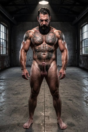 Un hombre desnudo, musculoso y de aspecto imponente posa de pie en el centro de una nave industrial oscura, con las piernas separadas, los brazos tensos a los lados y la mirada seria dirigida hacia abajo. Su cuerpo está cubierto de tatuajes en el pecho, los hombros y los brazos, destacando una barba espesa, el pelo peinado hacia atrás y una complexión muy definida con abdominales marcados, pectorales grandes y piernas fuertes. El pene y el vello púbico son claramente visibles en una postura frontal sin ropa. La escena tiene iluminación dramática desde una lámpara superior, suelo de hormigón, paredes desgastadas y ventanales laterales que refuerzan un ambiente crudo, oscuro y de gimnasio industrial.