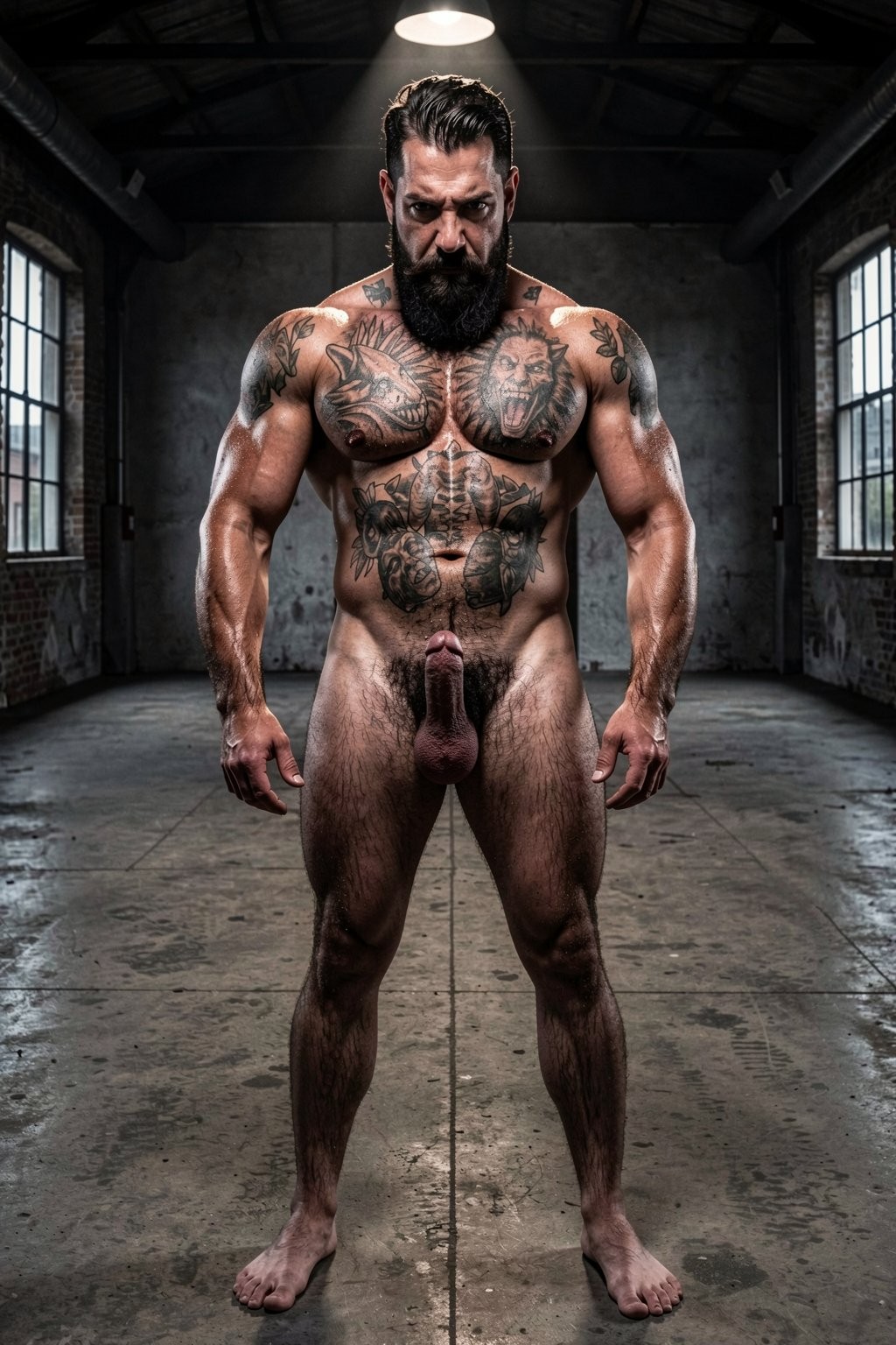 Un hombre desnudo, musculoso y de aspecto imponente posa de pie en el centro de una nave industrial oscura, con las piernas separadas, los brazos tensos a los lados y la mirada seria dirigida hacia abajo. Su cuerpo está cubierto de tatuajes en el pecho, los hombros y los brazos, destacando una barba espesa, el pelo peinado hacia atrás y una complexión muy definida con abdominales marcados, pectorales grandes y piernas fuertes. El pene y el vello púbico son claramente visibles en una postura frontal sin ropa. La escena tiene iluminación dramática desde una lámpara superior, suelo de hormigón, paredes desgastadas y ventanales laterales que refuerzan un ambiente crudo, oscuro y de gimnasio industrial.