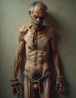 Un hombre desnudo de unos 50 años, extremadamente delgado, con una complexión frágil y una gran cantidad de vello corporal, especialmente en el pecho y las piernas, atado a la pared con cuerdas que rodean sus muñecas y tobillos, con la boca amordazada con un paño grueso que le impide hablar o gritar, su cuerpo muestra una postura de sumisión y vulnerabilidad, con los ojos cerrados y la cabeza inclinada hacia abajo, mientras su cuerpo delgado y cubierto de vello se muestra en toda su extensión, con el pene flácido y los testículos visibles, y el vello púbico es denso y oscuro, en un estilo hiperrealista con detalles de textura y sombras que resaltan la fragilidad y la desnudez del hombre.