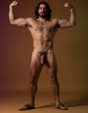 Hombre con piel bronceada desnudo que tiene un pene de 30 cm de longitud y 4 cm de grueso. Tiene dos testículos grandes de 10 cm de diámetro gruesos y peludos hermosos que cuelgan mucho. Tiene cabello oscuro y largo. Tiene sandalias marrones. Tiene músculos pectorales peludos. hombre delgado pero con músculos muy marcados y definidos, tiene aspecto muy viril muy macho, fondo 🌈. Tiene los brazos flexionados doblados hacia arriba con fuerza para mostrar sus fuertes músculos bíceps y tríceps de sus brazos. Tiene el pene erecto.