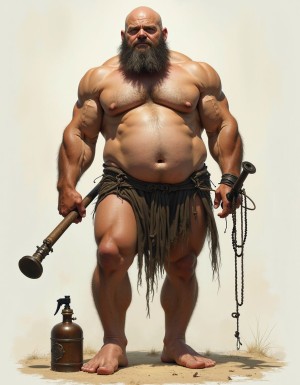 Dibujo realista, Amo muy musculoso y algo obeso de 60 años, prominente barriga sin vello, casi desnudo, con aspecto primitivo, piernas fuertes, barba larga y desaliñada,   lleva cuerdas y cadenas, un látigo, y otros instrumentos de tortura colgados del cinturón. 