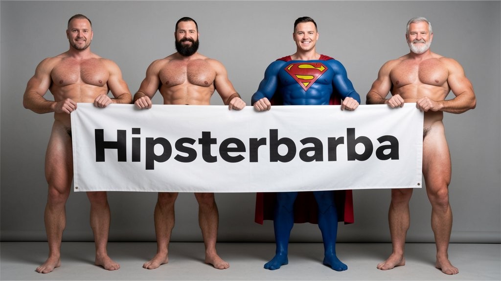 Four naked muscular men holding banner text (Hipsterbarba amor) ultra high quality 8K photorealistic: El Comandante Spanish military leader 45 years short gray hair stern commanding face muscular trained body 185cm 85kg standing far left holding left edge of banner with both hands completely naked massive erect uncircumcised penis 25cm thick veiny shaft visible below banner heavy balls alpha dominant stance, Soldado Bartolo Spanish soldier 35 years thick dark full beard short hair very hairy muscular chest arms legs groin 180cm 80kg standing center-left holding banner completely naked large erect uncircumcised penis 18cm thick visible hairy balls masculine hairy build playful smirk, Superman alien superhero 195cm 100kg perfect bronzed smooth hairless skin short black hair with characteristic curl bright blue eyes massive superhuman muscles standing center-right holding banner completely naked enormous erect penis 23cm steel hard thick shaft visible smooth heavy balls god-like physique confident smile, General Rodolfo Castaños 60 years short gray military hair thick gray mustache experienced muscular body 175cm 75kg standing far right holding right edge of banner completely naked thick erect penis 20cm visible mature heavy balls military bearing knowing expression, all four men standing in horizontal row full body visible head to feet holding between them large white fabric banner at chest level with bold black letters spelling Hipsterbarba ¿follamos? question mark clearly readable professional typography banner stretched tight all four erect penises balls completely visible below banner military office background professional studio lighting 8K photorealistic resolution masterpiece quality inviting expressions.