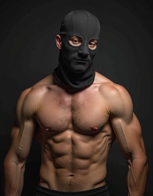 Hombre musculoso enmascarado con el pollón al aire