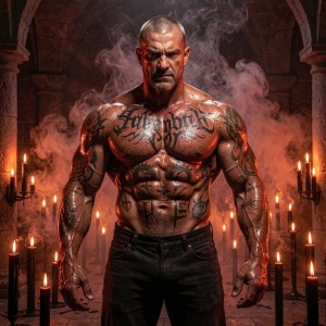 Un hombre musculoso y rapado aparece de pie con el torso desnudo, cubierto de tatuajes negros en el pecho, abdomen y brazos, con la piel brillante como si estuviera sudada o aceitada. Su expresión es dura y desafiante, con sangre en un lado de la cara y una postura firme de luchador o villano oscuro. Lleva vaqueros negros y está rodeado por velas encendidas sobre candelabros, humo rojizo y una arquitectura de piedra con arcos que crea una atmósfera gótica, ritual y amenazante. La iluminación cálida del fuego resalta sus músculos marcados, las sombras del cuerpo y el ambiente infernal de cripta o mazmorra.