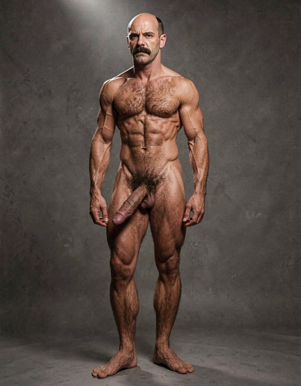 Mike Morris, a 32-year-old extremely lean Caucasian male with only 8% body fat, stands completely naked in a strict military attention pose captured in a full-body three-quarter view at a slight 45-degree angle. The shot runs from the tips of his size 44 slightly hairy feet all the way up to the top of his bald head, showing his entire body without any cropping. His physique is dry, vascular and powerfully defined: massive square pectorals covered in dense dark brown chest hair forming a thick T-pattern, sharply carved six-pack abs, narrow waist, wide flaring lats, and thick muscular thighs with dense dark hair. Dramatic directional studio lighting falls from high and slightly to the left, creating bright highlights on his tanned skin, the texture of his dense body hair across his chest, lower back and legs, and deep shadows that accentuate every muscle separation and vein. His advanced Norwood III-IV bald scalp is clearly visible, with short dense dark brown hair only on the sides and back of his head. His square, angular face with prominent jaw, thick dark handlebar mustache, heavy brows and intense deep-set brown eyes stares straight ahead with a serious, commanding expression. His penis is fully visible, completely natural and realistic: thick, 24 cm long when erect, with natural upward curve, prominent veins along the shaft, long foreskin that partially covers the pink-red glans, and realistic skin texture noticeably lighter than his bronzed body. Below it hang his large, low-hanging testicles with wrinkled darker skin and dense dark brown hair. The extremely thick, curly dark brown pubic bush climbs almost to his navel and spreads generously around the base of his cock and balls. Every detail from his veined hands and forearms to his diamond calves and hairy toes is perfectly proportioned and anatomically correct. Photorealistic, high-contrast, masculine 1970s Colt Studio aesthetic with subtle grainy film texture.