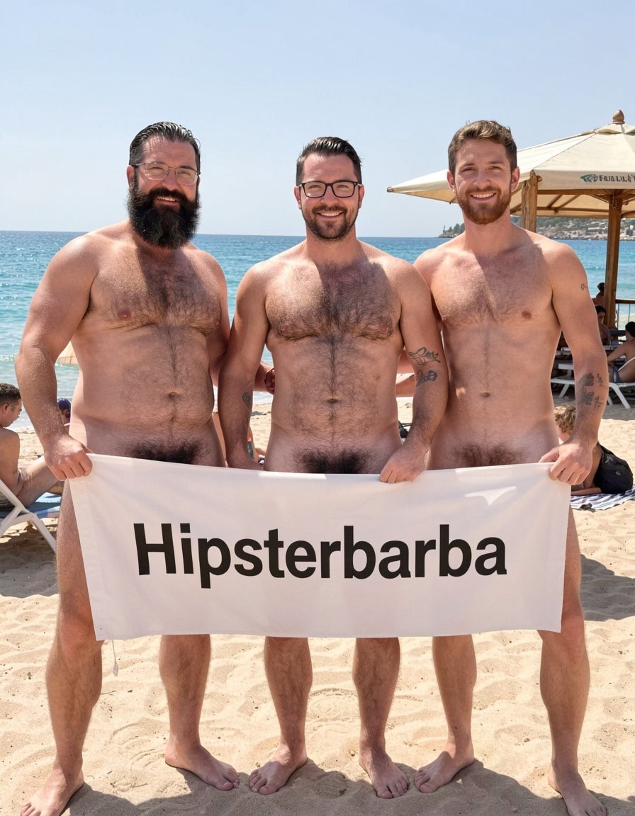 Fotografía hiperrealista tomada al mediodía en la arena de El Playazo, Vera Playa, Almería, justo delante del chiringuito El Pirata. Los tres estáis completamente desnudos, de pie uno al lado del otro, sonrientes y formales como buenos amigos, sujetando entre los tres una gran pancarta horizontal de tela blanca movida suavemente por el viento. La pancarta está colocada exactamente a la altura de la cintura, cubriendo de la cintura para abajo, por lo que vuestras pollas, huevos y parte superior de los muslos quedan completamente visibles y expuestos por debajo de la tela.

En la pancarta está escrito en letras grandes y claras: “Hipsterbarba”, con la “H” en mayúscula y el resto en minúsculas.

Hipsterbarba estás en el centro sujetando la pancarta con ambas manos: 40 años, 1,80 m, 80 kg, 8% de grasa, six-pack seco y muy marcado, pecho velludo negro denso con trail hasta el pubis, barba Bandholz larguísima y cuidada que llega casi al ombligo, bigote con puntas curvadas en espiral, gafas de pasta negra, pelo en high fade undercut, tatuaje “hipsterbarba” en el brazo derecho, polla gruesa de 18 cm con prepucio parcial y huevos pesados y peludos colgando debajo de la pancarta.

A tu izquierda está Erik sujetando su parte de la pancarta: 38 años, 1,85 m, 92 kg, 7% de grasa, hombros y pectorales enormes, barba negra espesa, polla gruesa de 19 cm y huevos grandes peludos también visibles bajo la tela.

A tu derecha está Ferran: 36 años, 1,78 m, 78 kg, 9% de grasa, barba castaña más corta, polla de 17 cm también expuesta debajo de la pancarta.

Los tres sonreís de forma natural y amistosa mirando a la cámara, con las manos sujetando la pancarta que ondea ligeramente con el viento. El sol del mediodía ilumina vuestros cuerpos musculosos y velludos, el mar turquesa queda al fondo y la terraza del chiringuito El Pirata se ve detrás con nudistas tranquilos. Texturas reales de tela moviéndose, piel, vello y luz natural perfecta. Todo limpio, positivo y con buena vibra.