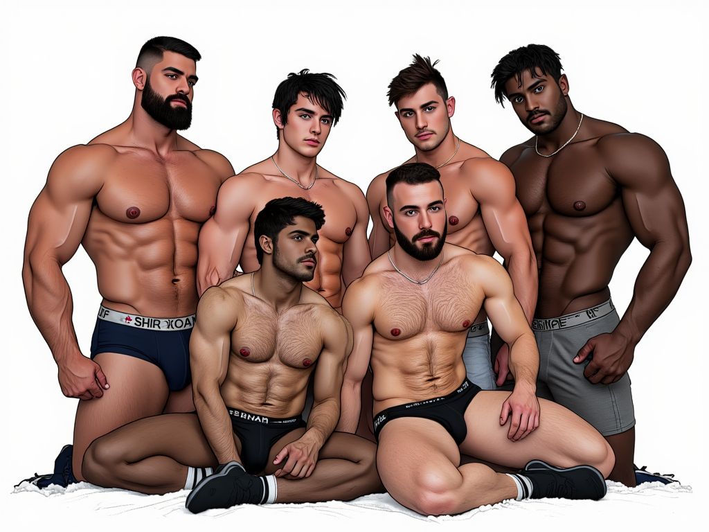 (((Esbozo con poco detalle, dibujo no demasiado realista, formas rápidas y menos refinadas)). Se describe a unos chicos blancos y negros, posan para una foto en ropa interior, dos adelantados y el resto detrás de pie. Hay un contraste entre las diferencias étnicas, blanco y negro. Colores pastel. El fondo es neutro, sin detalles.