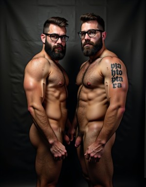 Fotografía hiperrealista de dos hombres adultos musculosos a la vista todo el cuerpo desde los pies hasta la cabeza, tienen sandalias negras en sus pies, sus cuerpos son muy delgados con músculos marcados y definidos, rostros masculinos, están totalmente desnudos, tienen pene erecto de treinta centímetros de longitud y ocho centímetros de diámetro, tienen rasgos marcados duros expresivos, barba densa poblada tupida oscura estilo hipster cubriendo completamente mandíbula mentón mejillas con grosor uniforme textura abundante muy definida, bigote denso tupido oscuro conectado perfectamente con la barba completa cubriendo completamente el labio superior, pelo oscuro medio peinado completamente recto hacia arriba con volumen considerable estilo hipster moderno quiff puntas verticales texturizadas hacia el cielo con altura prominente, cejas gruesas oscuras pobladas muy marcadas definidas, gafas de montura completa negra cuadradas grandes estilo hipster moderno sobre el puente de la nariz enmarcando unos ojos oscuros intensos que miran directamente a cámara con expresión seria penetrante confiada, expresión facial seria masculina sin sonrisa con mirada directa desafiante, pómulos marcados definidos angulares, nariz recta proporcionada, labios medios apenas visibles completamente cubiertos por bigote denso que conecta con la barba hipster completa, torso desnudo muy musculoso con pectorales enormes desarrollados y definidos, hombros anchos musculosos deltoide prominentes, brazos musculosos marcados y bien definidos con bíceps y tríceps marcados visibles a ambos lados del cuerpo, abdomen tonificado marcado visible con cintura delgada marcada, piel con textura realista detallada poros imperfecciones sutiles, vello corporal denso oscuro abundante cubriendo pectorales abdomen brazos hombros con textura natural masculina muy visible. Tiene un tatuaje en tinta negra en el bíceps del brazo derecho en tipografía negra sans-serif de tamaño mediano y proporcionado de forma clara y legible sobre la piel del bíceps del brazo derecho con las siguientes letras: hipsterbarba. Iluminación dramática lateral direccional que crea contraste alto marcado entre luces brillantes y sombras profundas resaltando la estructura facial angular la barba hipster densa las gafas cuadradas grandes el vello corporal abundante la musculatura del torso los brazos. Tiene tatuaje en el bíceps del brazo derecho de tipografía negra sans-serif de tamaño mediano y proporcionado de forma clara y legible sobre la piel del bíceps del brazo derecho con las siguientes letras: hipsterbarba. Fondo completamente oscuro negro liso uniforme desenfocado sin distracciones, fotografía analógica en color de alto contraste con grano fotográfico sutil visible estilo retrato hipster masculino fitness, enfoque nítido absoluto perfecto en el rostro especialmente en los ojos detrás de las gafas la barba hipster densa el bigote tupido el pelo vertical el vello corporal el torso con músculos muy marcados y muy definidos. Tiene un tatuaje en el bíceps del brazo derecho de tipografía negra sans-serif de tamaño mediano y proporcionado con forma clara y legible sobre la piel del bíceps del brazo derecho con las siguientes letras: hipsterbarba. Imagen con encuadre vertical desde los pies hasta la cabeza mostrando los pies desnudos las piernas peludas el pene erecto los testículos colgando con su escroto bajo todo el torso peludo los brazos musculosos peludos y la cabeza con pelo oscuro medio peinado completamente recto hacia arriba con volumen considerable estilo hipster moderno quiff puntas verticales texturizadas hacia el cielo con altura prominente, calidad fotográfica hiperrealista 8K máxima definición detalle extremo, renderizado cinematográfico fotorrealista profesional. Tiene un tatuaje en el bíceps del brazo derecho en tipografía negra sans-serif de tamaño mediano con forma clara y legible sobre la piel del bíceps del brazo derecho las siguientes letras: hipsterbarba