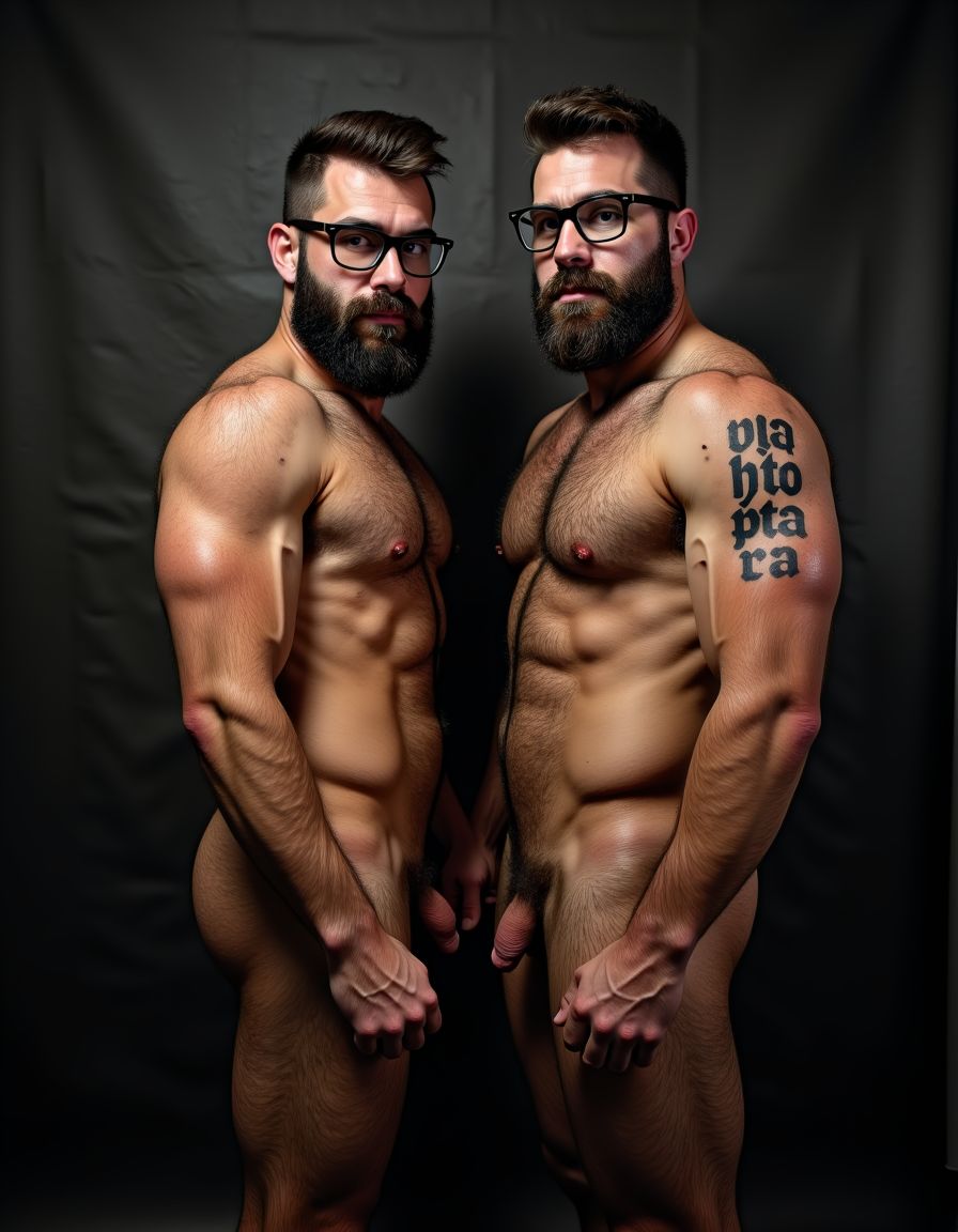 Fotografía hiperrealista de dos hombres adultos musculosos a la vista todo el cuerpo desde los pies hasta la cabeza, tienen sandalias negras en sus pies, sus cuerpos son muy delgados con músculos marcados y definidos, rostros masculinos, están totalmente desnudos, tienen pene erecto de treinta centímetros de longitud y ocho centímetros de diámetro, tienen rasgos marcados duros expresivos, barba densa poblada tupida oscura estilo hipster cubriendo completamente mandíbula mentón mejillas con grosor uniforme textura abundante muy definida, bigote denso tupido oscuro conectado perfectamente con la barba completa cubriendo completamente el labio superior, pelo oscuro medio peinado completamente recto hacia arriba con volumen considerable estilo hipster moderno quiff puntas verticales texturizadas hacia el cielo con altura prominente, cejas gruesas oscuras pobladas muy marcadas definidas, gafas de montura completa negra cuadradas grandes estilo hipster moderno sobre el puente de la nariz enmarcando unos ojos oscuros intensos que miran directamente a cámara con expresión seria penetrante confiada, expresión facial seria masculina sin sonrisa con mirada directa desafiante, pómulos marcados definidos angulares, nariz recta proporcionada, labios medios apenas visibles completamente cubiertos por bigote denso que conecta con la barba hipster completa, torso desnudo muy musculoso con pectorales enormes desarrollados y definidos, hombros anchos musculosos deltoide prominentes, brazos musculosos marcados y bien definidos con bíceps y tríceps marcados visibles a ambos lados del cuerpo, abdomen tonificado marcado visible con cintura delgada marcada, piel con textura realista detallada poros imperfecciones sutiles, vello corporal denso oscuro abundante cubriendo pectorales abdomen brazos hombros con textura natural masculina muy visible. Tiene un tatuaje en tinta negra en el bíceps del brazo derecho en tipografía negra sans-serif de tamaño mediano y proporcionado de forma clara y legible sobre la piel del bíceps del brazo derecho con las siguientes letras: hipsterbarba. Iluminación dramática lateral direccional que crea contraste alto marcado entre luces brillantes y sombras profundas resaltando la estructura facial angular la barba hipster densa las gafas cuadradas grandes el vello corporal abundante la musculatura del torso los brazos. Tiene tatuaje en el bíceps del brazo derecho de tipografía negra sans-serif de tamaño mediano y proporcionado de forma clara y legible sobre la piel del bíceps del brazo derecho con las siguientes letras: hipsterbarba. Fondo completamente oscuro negro liso uniforme desenfocado sin distracciones, fotografía analógica en color de alto contraste con grano fotográfico sutil visible estilo retrato hipster masculino fitness, enfoque nítido absoluto perfecto en el rostro especialmente en los ojos detrás de las gafas la barba hipster densa el bigote tupido el pelo vertical el vello corporal el torso con músculos muy marcados y muy definidos. Tiene un tatuaje en el bíceps del brazo derecho de tipografía negra sans-serif de tamaño mediano y proporcionado con forma clara y legible sobre la piel del bíceps del brazo derecho con las siguientes letras: hipsterbarba. Imagen con encuadre vertical desde los pies hasta la cabeza mostrando los pies desnudos las piernas peludas el pene erecto los testículos colgando con su escroto bajo todo el torso peludo los brazos musculosos peludos y la cabeza con pelo oscuro medio peinado completamente recto hacia arriba con volumen considerable estilo hipster moderno quiff puntas verticales texturizadas hacia el cielo con altura prominente, calidad fotográfica hiperrealista 8K máxima definición detalle extremo, renderizado cinematográfico fotorrealista profesional. Tiene un tatuaje en el bíceps del brazo derecho en tipografía negra sans-serif de tamaño mediano con forma clara y legible sobre la piel del bíceps del brazo derecho las siguientes letras: hipsterbarba