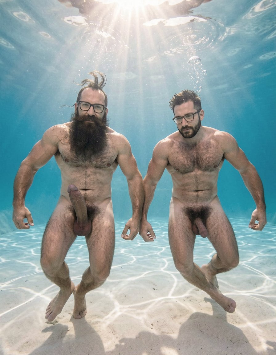 Photorealistic ultra-detailed cinematic midday underwater shot at El Playazo nudist beach in Vera Playa, Almería. Hipsterbarba and Ferran swimming underwater in breaststroke style, bodies fully submerged in crystal clear turquoise Mediterranean water. Hipsterbarba is 40 years old, 180cm, 80kg, 8% body fat, zero belly, extremely dry shredded six-pack contracting hard with each stroke, dense black body hair on chest, shoulders and thighs floating and swaying in the current, powerful vascular arms extended forward in a strong breaststroke pull, muscular hairy quads and adductors kicking wide open. His extremely long thick Bandholz beard floats wildly around his face and chest like a dark veil, high fade undercut hair slicked back by the water, black hipster glasses still on, big mustache with curled spiral tips. His thick heavy veiny cock and low-hanging hairy balls drift and sway freely between his legs with every powerful kick, foreskin partially retracted showing the fat pink glans.

Ferran swims right beside him, 28 years old, competition shredded at 5% body fat, massive rounded pecs and carved abs flexing underwater, huge veiny arms pulling, short dark hair and small beard moving with the water, long thick cock and heavy balls floating and swinging with each stroke.

Sunlight beams piercing down from the surface creating god rays and caustic light patterns across their naked muscular bodies, individual bubbles rising from beards and noses, realistic water refraction and detail on every strand of wet hair, beard and body hair. Sandy seabed visible below, distant surface ripples above, hyperrealistic underwater textures, sharp focus, raw explicit male bodies, cinematic bright Mediterranean lighting.
