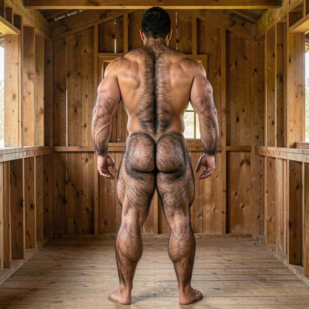 A hyper-masculine 35-year-old Spanish rural dominant stud named Gayon Von Neumann, full body rear view from directly behind at eye-level height with perfectly realistic human anatomy and proportions, no distortions, no exaggerations, no deformations. 1.85m tall, 80kg with 5% body fat, extremely dry and fibrous muscle. Extremely wide shoulders, powerful V-taper back with clearly defined lats, traps and spinal erectors, narrow waist. Back completely covered in dense coarse black hair that spreads from the shoulders down across the entire upper and lower back. Thick muscular arms hanging naturally at his sides, dense black hair visible on the backs of the arms and thick veiny forearms. Round, high, firm and muscular buttocks with natural realistic separation, covered in dense black hair across the upper glutes and thicker between the cheeks surrounding a small tight puckered hole clearly visible. Powerful realistic legs with well-developed hamstrings, thick calves in diamond shape, entire legs covered in dense black curly hair that is thicker on the upper thighs. Tanned golden sun-kissed skin on all visible areas. Completely naked, standing tall with natural arrogant posture, feet slightly apart, hands relaxed at his sides, head facing straight forward. Shot inside a rustic wooden stable with natural even back lighting that realistically highlights every muscle, vein, hair texture and skin detail without any artistic exaggeration. Photorealistic, anatomically correct, extremely detailed, cinematic full rear body view with perfect realistic human proportions.