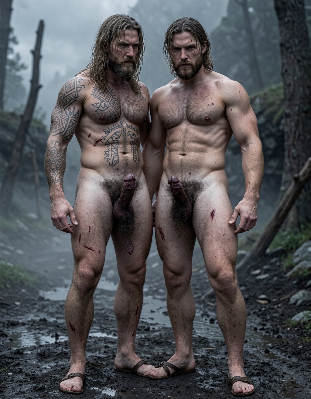 Amleth y Aurvandil.
Amleth (Alexander Skarsgård) está de cuerpo entero desde los pies hasta la cabeza. Es un príncipe vikingo de 29 años de edad que está junto a el rey Aurvandil, de 48 años de edad. 
Amleth (Alexander Skarsgård) se convierte en un berserker implacable. Amleth tiene motivación animal, casi mística. Amleth es un héroe noble; es pura rabia y destino.
Amleth tiene una altura imponente de 194 cm y peso 78 Kg, tiene 7% de grasa corporal,
Amleth tiene un cuerpo fuerte, tatuado, cubierto de cicatrices, pelo largo y sucio.  
Amleth tiene un cuerpo con musculatura densa y trabajada y estilizada, tiene 7% de grasa corporal y parece esculpido al estilo vikingo con pectorales anchos y marcados; tiene un 7% de grasa corporal con abdominales extremadamente definidos y marcados 