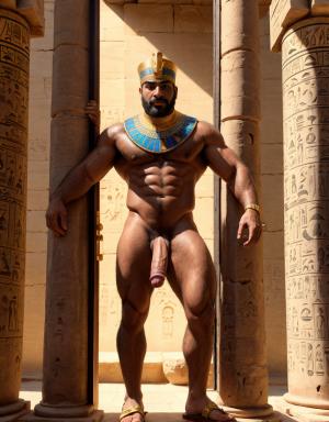 Useref Re desnudo príncipe heredero del faraón Userkaf de la ciudad egipcia Saqqara junto a una puerta falsa de granito rosa. Año -2455 antes de Cristo. Monumental estela de falsa puerta. Está desnudo. Tiene sandalias. Está delgado y musculoso. Tiene mucho vello. Tiene pene enorme. Tiene testículos grandes redondos y largos. Amor a todos los hombres desnudos de penes grandes que hay a su alrededor. Tiene pasión sexual. Felación. 