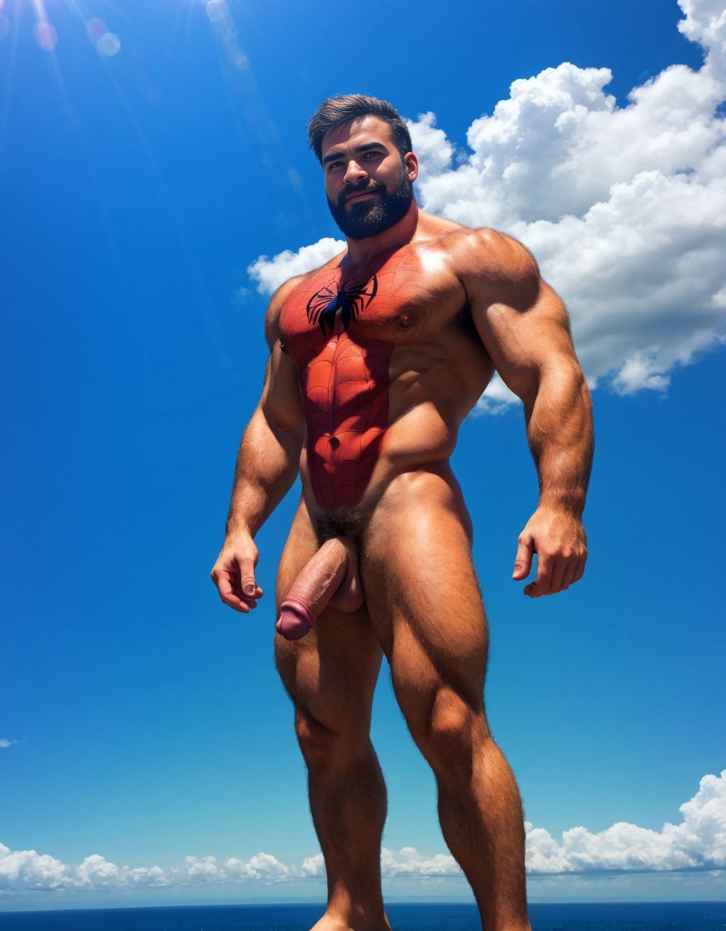 Spiderman velludo musculoso totalmente desnudo volando acostado en horizontal sobre una nube en cielo azul. Tiene el pene grande. Tiene los huevos grandes y peludos.