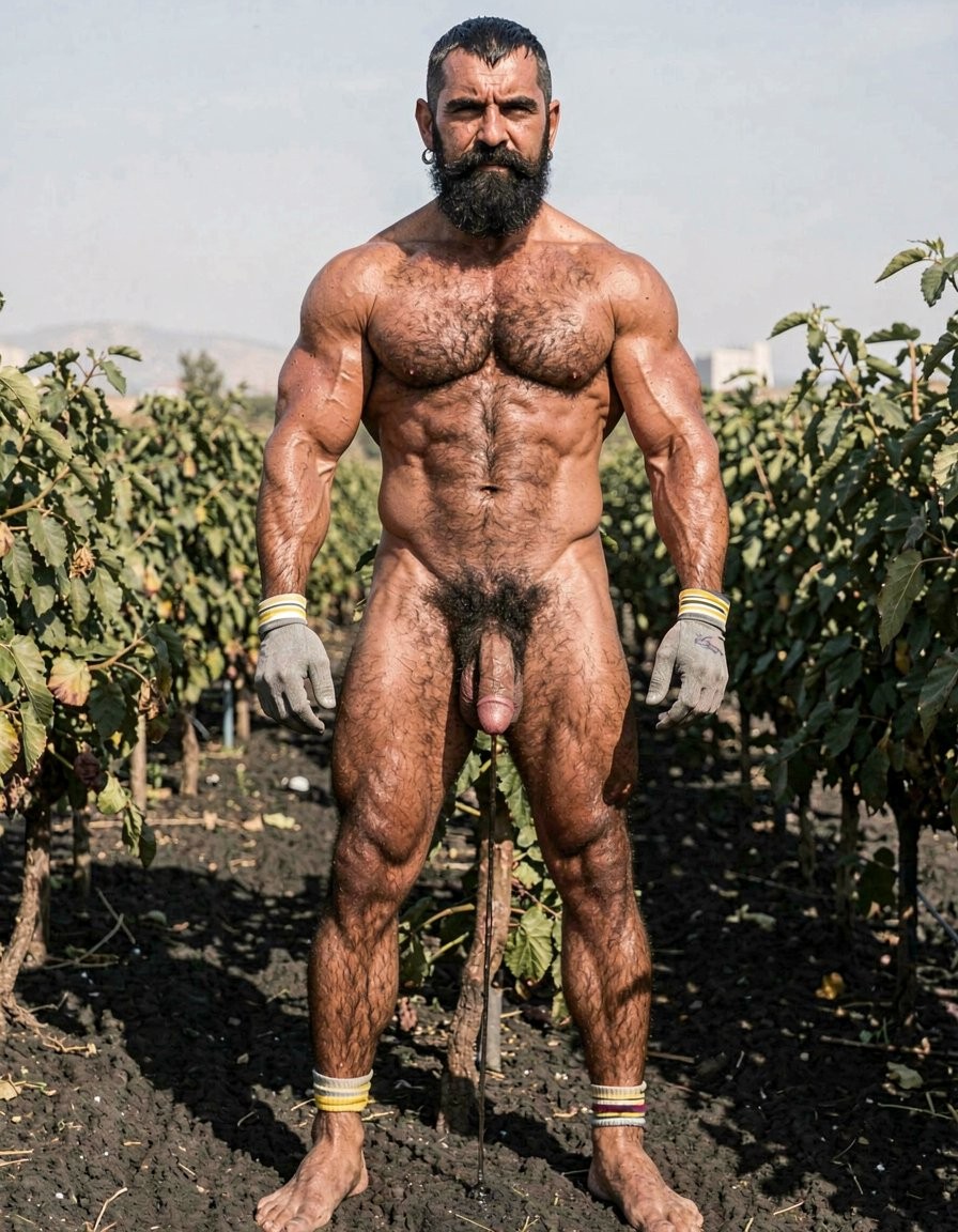 A hyper-realistic full-body vertical photograph taken in harsh midday Santorini sunlight over black volcanic soil between rows of Assyrtiko vines. Dimitris, 32, stands completely naked except for grey work gloves with yellow and white stripes, feet planted wide apart on the dark earth, toes gripping the soil. Shot from a low frontal angle so every inch from his big dirty feet to the top of his head is visible without cropping. His body is at 5% body fat, extremely muscular competition physique: huge veiny traps and shoulders, massive hairy pecs, eight-pack abs partially covered by dense black curly body hair that runs from his neck all the way down to his toes. Extremely thick black pubic bush, massive thick veiny Greek cock rock-hard and pointing upward almost touching his abs, swollen purple glans shiny with precum, a long clear drop hanging from the slit. Heavy low-hanging hairy balls. Thick black hair covers his powerful thighs, calves and feet. His face is pure predator: long thick connected black beard and mustache, short jet-black hair with shaved sides, dark intense eyes looking straight at the viewer, small silver earring in left ear. Skin deeply tanned and covered in sweat that makes the dense body hair glisten. Every muscle, every strand of wet black hair, every vein is razor sharp under the direct Mediterranean sun. Maximum photorealistic detail, vertical composition showing the entire body head to toe with no cropping.
