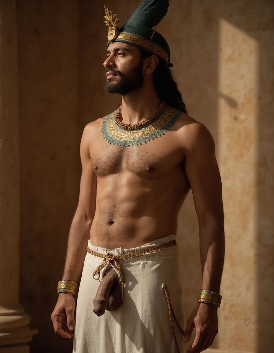 Akhenatón (originalmente llamado Amenhotep IV) fue un faraón egipcio que gobernó durante la Dinastía XVIII (Imperio Nuevo), aproximadamente entre 1353 a.C. y 1336 a.C. Es un hombre faraón de los más fascinantes y revolucionarios de la historia egipcia debido a su radical reforma religiosa. Está totalmente desnudo y en sus pies lleva sandalias de lujo de oro. Tiene un pene erecto de 20 cm de longitud y 8 cm de diámetro. Es admirado por su bello y grandioso pene en constante estado de erección de 20 cm de longitud y 9 cm de diámetro. Tiene el pene erecto. Aspecto muy masculino. Está contento de encontar otro hombre que lo ama. ¡¡ Qué felicidad!!