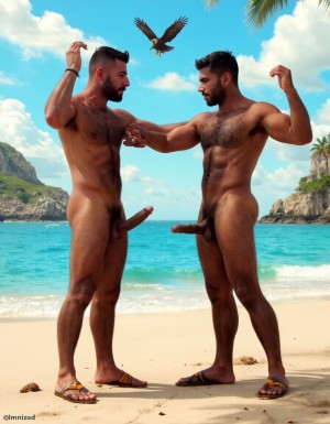 Solo hombres desnudos musculosos. Tienen un pene erecto de 50 cm de longitud y 8 cm de diámetro. Dibujos tipo KAKE de Tom of Finland.
((Kake Comics)). Antonio tiene un pene de 50 cm de longitud y 8 cm de diámetro. Juan tiene músculos muy definidos y tiene mucho vello es muy peludo. Tienen sandalias en sus pies. Flexionan sus brazos para enseñar sus músculos bíceps mientras pasa un águila entre las nubes y se miran fijamente con pasión. Fondo de una playa con mar precioso. Fondo de hombres desnudos morenos