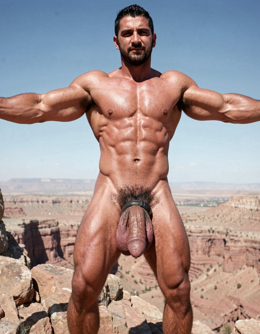 A hyper-masculine ancient Zapotec lord named Cocijo from 600 AD, Late Classic period, standing naked on the rocky summit of Cerro La Cantera in San Pablo Huitzo, Oaxaca, Mexico. Extremely virile and dominant male. Square masculine jaw, strong defined face, thick neck with visible tendons, tanned bronze skin covered in a thin layer of shiny sweat. Powerful muscular torso with deeply carved square pecs, dark chest hair in the center, dark erect nipples, perfectly defined six-pack abs, thick dark treasure trail running from navel to dense black pubic bush. Massive muscular arms stretched out to the sides. Thick powerful hairy thighs with bulging quadriceps, legs spread wide. Enormous 35cm rock-hard erect cock pointing straight up against his abs, thick bulging veins, heavily leaking thick white translucent precum that runs down the shaft. Huge heavy balls. Gayon Von Neumann is placing a thick black leather cock ring around the base of Cocijo's cock and behind his balls, sliding it down firmly, pushing one large testicle through at a time, then pulling the massive cock through the ring until it is tightly locked at the very root. The leather cock ring is now snug and compressing the entire base, hugging the shaft and both balls, making the 35cm cock visibly thicker, darker, harder and more swollen with veins popping, balls pulled up slightly tighter. The cock ring is firmly adjusted. Harsh bright ancient Mexican sunlight, dramatic shadows on oiled muscles, raw masculine power, extremely detailed realistic style.