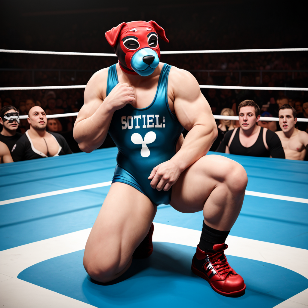 Luchador musculoso arrodillado en el centro de un ring de boxeo azul, vestido con un singlet turquesa con la inscripción “SOTIEL” y un símbolo blanco en el pecho, botas rojas con cordones y calcetines negros. Lleva una máscara roja y negra con forma de perro, grandes ojos oscuros y un hocico azul prominente, mientras alza un puño cerca del pecho en una pose desafiante. Tras las cuerdas blancas del cuadrilátero, varios espectadores con camisetas negras observan la escena bajo una iluminación intensa de arena deportiva.