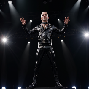 Un hombre calvo posa con actitud dominante sobre un escenario oscuro, vestido con un conjunto negro brillante de estética fetish o cuero acharolado: chaqueta ajustada con cremalleras, pantalones ceñidos y botas altas. Lleva un collar tipo choker metálico alrededor del cuello y mantiene los brazos levantados con las manos abiertas, como si estuviera dirigiéndose al público o recibiendo aplausos. La iluminación dramática de concierto, con potentes focos blancos y haces de luz desde el techo, crea reflejos intensos sobre el material vinílico de la ropa y refuerza una atmósfera teatral, provocadora y de performance nocturna.