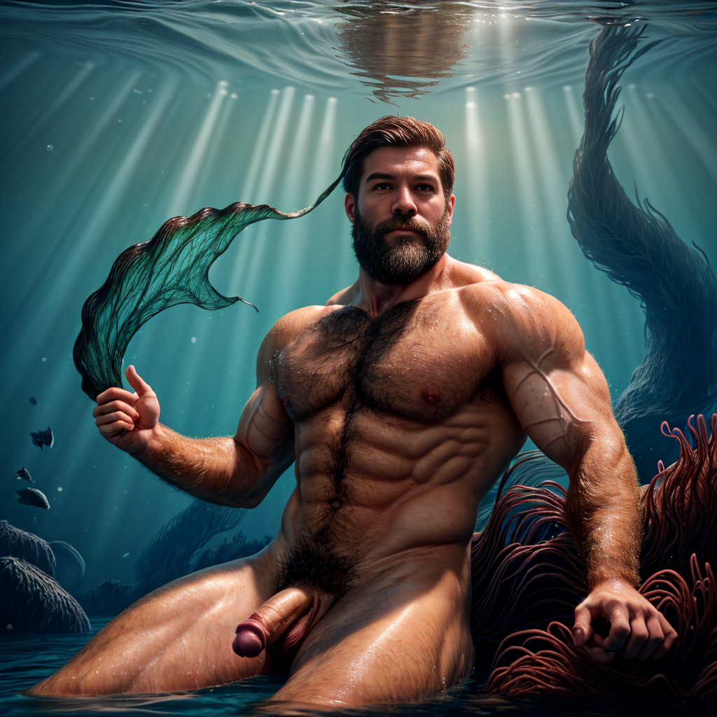 Foto hiperrealista en 8k. Un hermoso hombre sirena musculoso de cuerpo entero muy velludo con cabello corto y un gran pene y testículos . Nada en un bosque submarino de algas marinas, con el cabello flotando ingrávidamente detrás de él, mientras la luz del sol de la superficie se filtra y salpica el entorno.