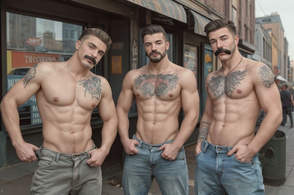 res chicos de 40 años, en vaqueros, con bigote y cabello moreno crecido, descamisados ,se abrazan en la puerta de un local gay, llevan tatuajes grandes, mirada viciosa,