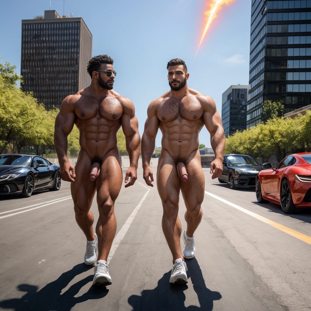 Dos hombres machos musculosos desnudos muy viriles con pene grande y testículos grandes y peludos. Caminando 10🌞💶💶🏎️🚙🏦