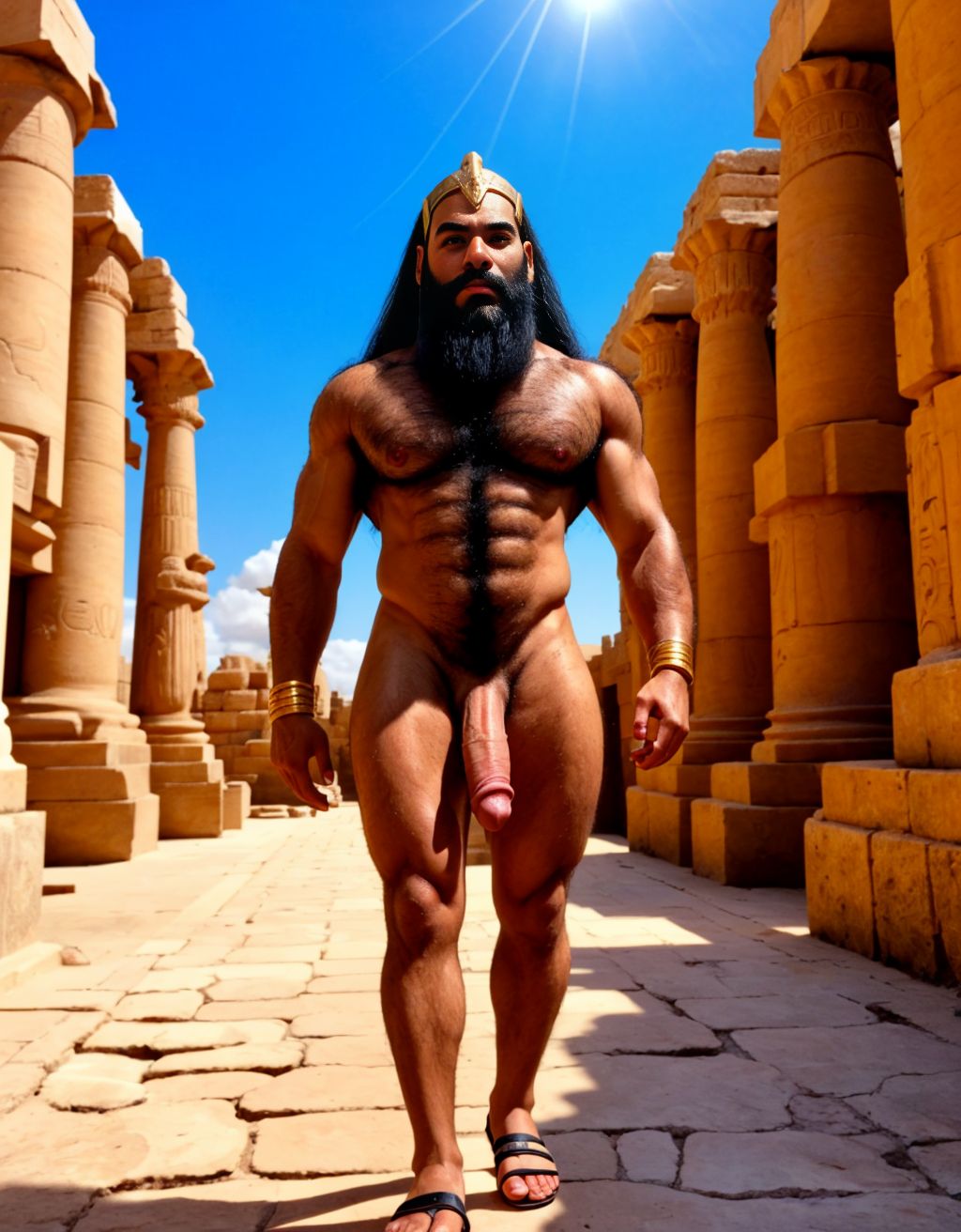 Faraón Ramsés 2 desnudo. Tiene pene grande perfecto. Tiene  testículos prominentes y perfectos muy velludos. Tiene vello corporal abundante. Tiene vello en pecho. Tiene sandalias. Está caminando por calle empedrada, en un ambiente antiguo egipcio con pirámides, templos y esfinges bajo sol dorado. Se ven los testículos con mucho vello. El pene es perfecto. La cara tiene aspecto muy viril. Tiene el cuerpo perfecto y con actitud muy viril. Sus testículos sobresalen por debajo del pene y se mueven al andar. Levanta los  brazos para señalar con los dedos de las manos hacia las nubes azules. Tiene barba muy poblada y grande. Tiene mucho vello en el pecho. Tiene el pelo largo movido por el viento.
