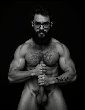 Fotografía hiperrealista en blanco y negro de un hombre adulto musculoso a la vista desde las rodillas para arriba hasta la cabeza, cuerpo muy delgado con musculación marcada y definida, rostro masculino, totalmente desnudo con polla erecta de treinta centímetros de longitud y ocho centímetros de diámetro, tiene rasgos marcados duros expresivos, barba densa poblada tupida oscura estilo hipster cubriendo completamente mandíbula mentón mejillas con grosor uniforme textura abundante muy definida, bigote denso tupido oscuro conectado perfectamente con la barba completa cubriendo completamente el labio superior, pelo oscuro medio peinado completamente recto hacia arriba con volumen considerable estilo hipster moderno quiff puntas verticales texturizadas hacia el cielo con altura prominente, cejas gruesas oscuras pobladas muy marcadas definidas, gafas de montura completa negra cuadradas grandes estilo hipster moderno sobre el puente de la nariz enmarcando unos ojos oscuros intensos que miran directamente a cámara con expresión seria penetrante confiada, expresión facial seria masculina sin sonrisa con mirada directa desafiante, pómulos marcados definidos angulares, nariz recta proporcionada, labios medios apenas visibles completamente cubiertos por bigote denso que conecta con la barba hipster completa, torso desnudo muy musculoso con pectorales enormes desarrollados y definidos, hombros anchos musculosos deltoide prominentes, brazos musculosos gruesos con bíceps y tríceps marcados visibles a ambos lados del cuerpo, abdomen tonificado marcado visible desde la cintura, piel con textura realista detallada poros imperfecciones sutiles, vello corporal denso oscuro abundante cubriendo pectorales abdomen brazos hombros con textura natural masculina muy visible, tatuaje en tinta negra en el bíceps del brazo derecho con la palabra exacta "hipsterbarba" en tipografía negra sans-serif clara legible tatuada sobre la piel del brazo de tamaño mediano visible proporcionado, iluminación dramática lateral direccional que crea contraste alto marcado entre luces brillantes y sombras profundas resaltando la estructura facial angular la barba hipster densa las gafas cuadradas grandes el vello corporal abundante la musculatura del torso los brazos y en el bíceps derecho tiene un tatuaje con la palabra a la vista: "hipsterbarba", fondo completamente oscuro negro liso uniforme desenfocado sin distracciones, fotografía analógica en blanco y negro de alto contraste con grano fotográfico sutil visible estilo retrato hipster masculino fitness, enfoque nítido absoluto perfecto en el rostro especialmente en los ojos detrás de las gafas la barba hipster densa el bigote tupido el pelo vertical el vello corporal el torso musculoso y el tatuaje en el brazo derecho con la palabra a la vista "hipsterbarba", encuadre vertical desde las rodillas cintura hacia arriba mostrando pene erecto de treinta centímetros de longitud completamente todo el torso superior los brazos musculosos y la cabeza, calidad fotográfica hiperrealista 8K máxima definición detalle extremo, renderizado cinematográfico fotorrealista profesional.