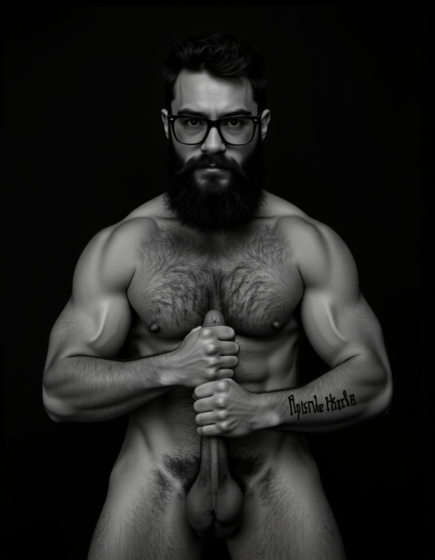 Fotografía hiperrealista en blanco y negro de un hombre adulto musculoso a la vista desde las rodillas para arriba hasta la cabeza, cuerpo muy delgado con musculación marcada y definida, rostro masculino, totalmente desnudo con polla erecta de treinta centímetros de longitud y ocho centímetros de diámetro, tiene rasgos marcados duros expresivos, barba densa poblada tupida oscura estilo hipster cubriendo completamente mandíbula mentón mejillas con grosor uniforme textura abundante muy definida, bigote denso tupido oscuro conectado perfectamente con la barba completa cubriendo completamente el labio superior, pelo oscuro medio peinado completamente recto hacia arriba con volumen considerable estilo hipster moderno quiff puntas verticales texturizadas hacia el cielo con altura prominente, cejas gruesas oscuras pobladas muy marcadas definidas, gafas de montura completa negra cuadradas grandes estilo hipster moderno sobre el puente de la nariz enmarcando unos ojos oscuros intensos que miran directamente a cámara con expresión seria penetrante confiada, expresión facial seria masculina sin sonrisa con mirada directa desafiante, pómulos marcados definidos angulares, nariz recta proporcionada, labios medios apenas visibles completamente cubiertos por bigote denso que conecta con la barba hipster completa, torso desnudo muy musculoso con pectorales enormes desarrollados y definidos, hombros anchos musculosos deltoide prominentes, brazos musculosos gruesos con bíceps y tríceps marcados visibles a ambos lados del cuerpo, abdomen tonificado marcado visible desde la cintura, piel con textura realista detallada poros imperfecciones sutiles, vello corporal denso oscuro abundante cubriendo pectorales abdomen brazos hombros con textura natural masculina muy visible, tatuaje en tinta negra en el bíceps del brazo derecho con la palabra exacta 