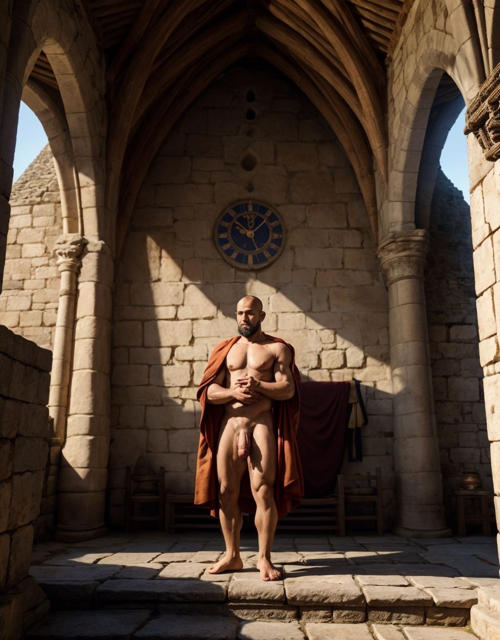 Un monje desnudo, tiene pene grande y tiene testículos gordos. Está en la abadía medieval normanda de Mont Saint-Michel. Es el escenario de la peculiar forma de vida del monje donde se pautan meticulosamente el sexo entre hombres con amor oral y con amor anal. Contemplación de los cuerpos de hombres desnudos y descanso. Está el Reloj de la sabiduría de Enrique Susón del siglo XV. Tiene un pene grande perfecto. Tiene sandalias en los pies. Mano coge su pene.