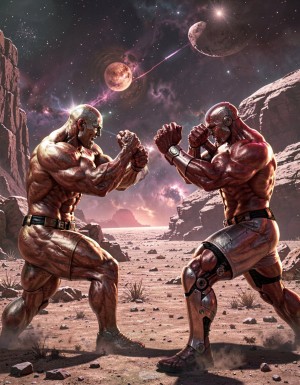Dos robots humanoides de titanio color bronce  pero con forma humana y con cuerpos hiper musculosos y definidos, luchan intensamente en el suelo polvoriento de un planeta extraño, sus cuerpos desnudos brillan bajo la luz tenue del sol alienígena. Sus músculos se tensan y se flexionan a medida que se golpean y se empujan, sus penes erectos y metálicos se destacan en la escena