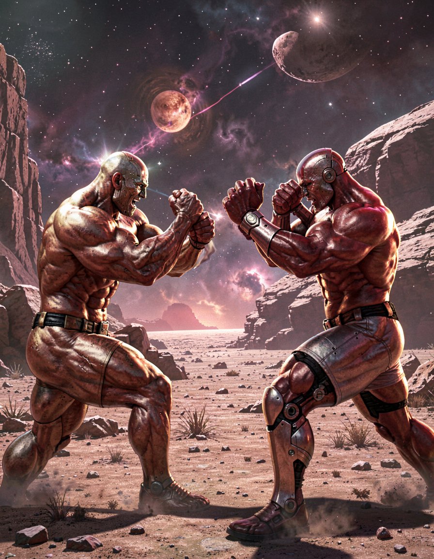 Dos robots humanoides de titanio color bronce  pero con forma humana y con cuerpos hiper musculosos y definidos, luchan intensamente en el suelo polvoriento de un planeta extraño, sus cuerpos desnudos brillan bajo la luz tenue del sol alienígena. Sus músculos se tensan y se flexionan a medida que se golpean y se empujan, sus penes erectos y metálicos se destacan en la escena