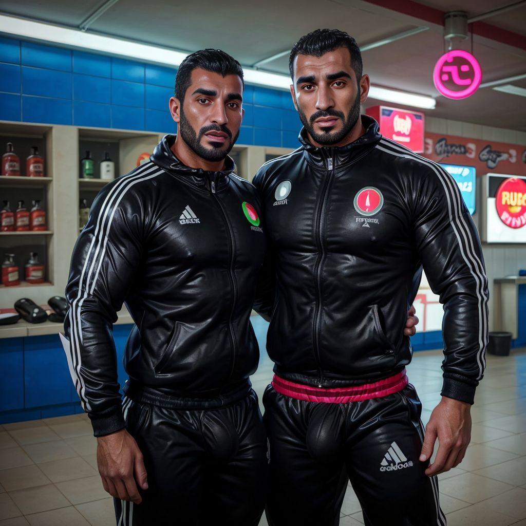Dos árabes musculosos, con chándal ajustado negro de la selección nacional de fútbol de Marruecos, mostrando genitales con vello púbico, de fondo una gasolinera iluminada con luces de neón, ropa deportiva ajustada, piel morena, expresiones confiadas.