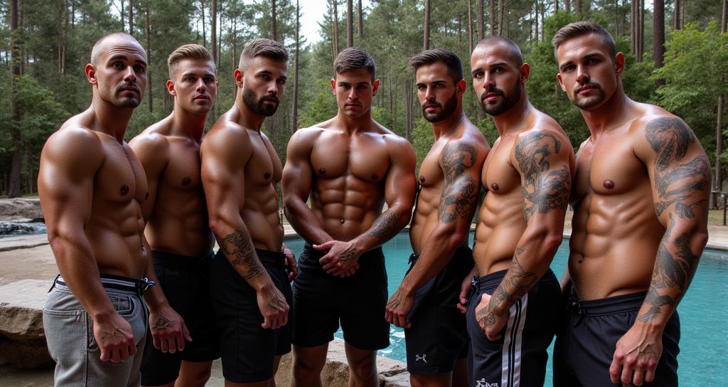 Set antics companys d'estudis hetero de Barcelona es troben al costat d'una piscina, han fet una sortida al Garraf, al costat de la montanya, porten vestits de bany grans i foscos. Expressió severa i una mica avorrida, sembla que no ho passen gaire bé.
