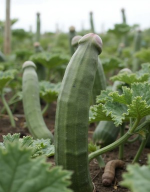 Varios penes erectos en el campo como si fueran frutos de calabacín 