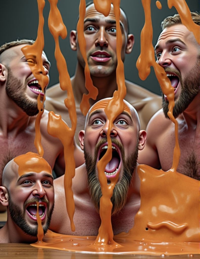 Fluidos. 
Cinco hombres con aspecto de viciosos reciben en su cabeza y lengua una mezcla de lluvia blanca y amarilla muy viscosa que chorrea y hace un enorme charco. 