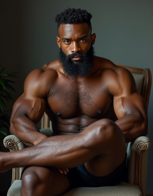 un moreno peludo de 35 años, de gym, desnudo integral sentado en un butacón con la polla dura con precum en la cabezon