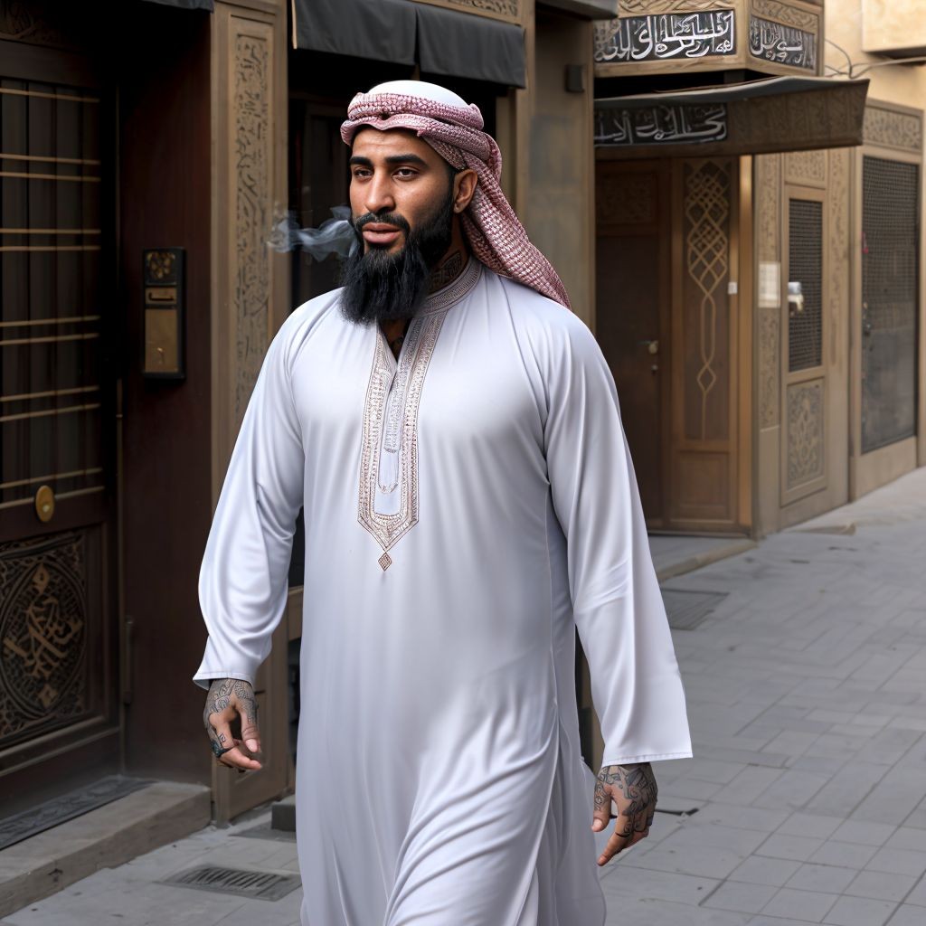 An Arab-looking man walks down a narrow urban street with beige-fronted buildings decorated with geometric motifs and signs with Arabic calligraphy. He wears a long white thawb- or kandura-style robe, with light embroidery on the chest, and a red-and-white kufiya-style scarf fastened on his head. He has a thick black beard, a serious expression, and his gaze directed to one side while exhaling a cloud of smoke, as if he were smoking. His tattooed hands are visible beneath the wide sleeves, and the setting recalls a traditional Middle Eastern neighborhood, with dark wooden doors, closed storefronts, and a clean stone sidewalk.