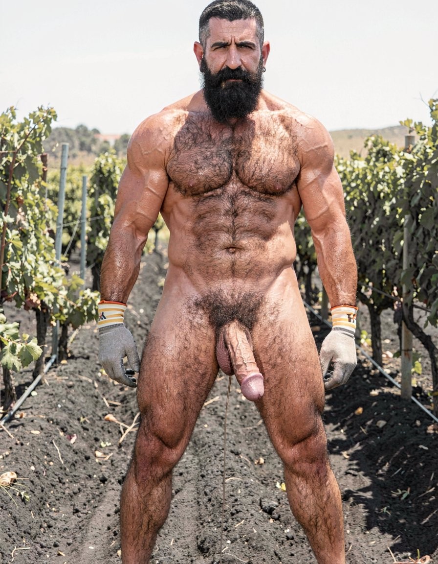A hyper-realistic full-body vertical photograph taken in harsh midday Santorini sunlight over black volcanic soil between rows of Assyrtiko vines. Dimitris, 32, stands completely naked except for grey work gloves with yellow and white stripes, feet planted wide apart on the dark earth, toes gripping the soil. Shot from a low frontal angle so every inch from his big dirty feet to the top of his head is visible without cropping. His body is at 5% body fat, extremely muscular competition physique: huge veiny traps and shoulders, massive hairy pecs, eight-pack abs partially covered by dense black curly body hair that runs from his neck all the way down to his toes. Extremely thick black pubic bush, massive thick veiny Greek cock rock-hard and pointing upward almost touching his abs, swollen purple glans shiny with precum, a long clear drop hanging from the slit. Heavy low-hanging hairy balls. Thick black hair covers his powerful thighs, calves and feet. His face is pure predator: long thick connected black beard and mustache, short jet-black hair with shaved sides, dark intense eyes looking straight at the viewer, small silver earring in left ear. Skin deeply tanned and covered in sweat that makes the dense body hair glisten. Every muscle, every strand of wet black hair, every vein is razor sharp under the direct Mediterranean sun. Maximum photorealistic detail, vertical composition showing the entire body head to toe with no cropping.