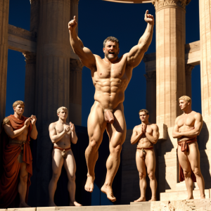 Cneo Pompeyo Magno desnudo con pene grande y testículos enormes, conquista las Galias en el año 49 a.C, para ser el único cónsul del ejercito. Está con  hombre Catón y con hombre Cicerón desnudos, se acercan a Cneo Pompeyo Magno para estar al frente de las legiones del Senado para repeler el asalto de César. 🗝️ 🗡️  👏🏼. Está andando rodeado de hombres desnudos musculosos que aplauden efusivamente y están saltando de alegría. 👨🏻‍🎤🧑🏻‍🎤👨🏻‍🎤