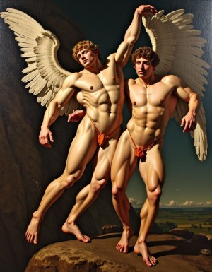 Pintura barroca. calidad fotográfica. Siglo XVII. Hombres desnudos muy fornidos y musculosos volando con alas como si fueran ángeles y demonios, tienen los penes erectos visibles,, caen en el nefando vicio de la lujuria, aparecen desnudos con los genitales al aire, la composición tiene los colores y el aspecto de un óleo barroco
