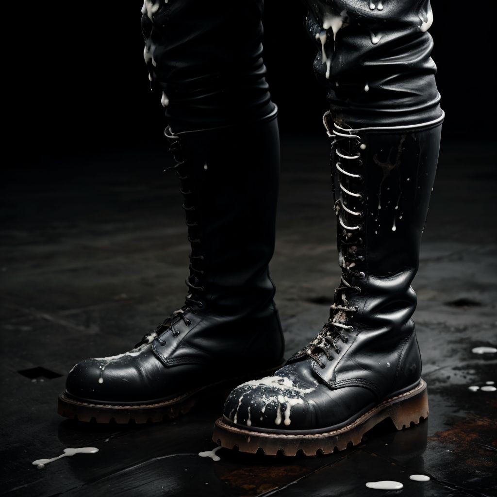 Botas de cuero skin negras, manchadas de semen blanco y viscoso, con textura rugosa y brillo intenso, detalles de salpicaduras y gotas en la superficie, fondo oscuro y sombrío, enfoque en las manchas y la textura del cuero.