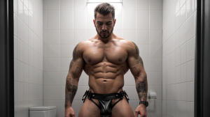 Perspectiva en primera persona de un hombre robusto, lleva puesto un arnés de cuero negro, su cuerpo está definido. Se encuentra orinando, en un baño de azulejos blancos, la fluidez resplandeciente con luces sutiles. Detalles explícitos evidentes, destacando la textura del arnés y la postura masculina.