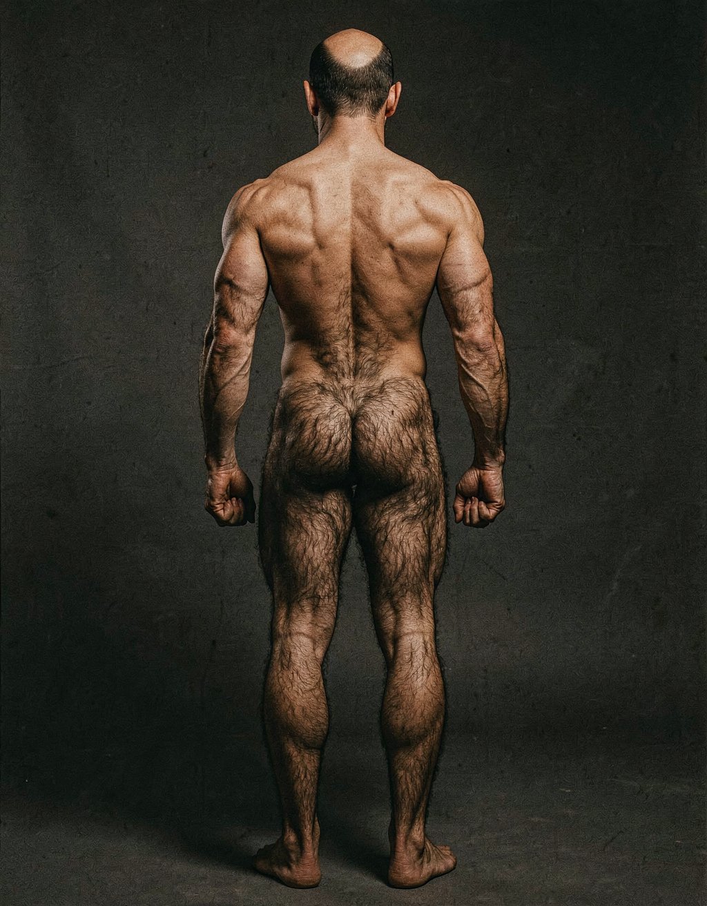 Mike Morris, a 32-year-old extremely lean Caucasian male at only 8% body fat, stands completely naked in a strict military attention pose seen from directly behind in a full posterior view. His back is perfectly straight, shoulders pulled back, arms rigid at his sides with fists clenched, legs straight and together, head held high. The shot captures him from the heels of his feet all the way up to the top of his bald head. His advanced Norwood III-IV baldness is clearly visible from behind, with a smooth tanned scalp on the crown and short dense dark brown hair only on the sides and lower back of the head. His back is highly defined and vascular: wide lats tapering dramatically to a very narrow, tight waist, thick trapezius muscles, and dense dark brown body hair lightly covering the shoulders and becoming much thicker and denser across the lower back and lumbar area, especially between the lats. His ass is tight, muscular and round with almost no fat, the glutes clearly separated. Thick dark hair continues down onto his powerful diamond-shaped calves and the backs of his slightly hairy feet. Dramatic directional studio lighting from above and slightly to the side creates strong highlights on his dry, shredded skin and deep shadows that accentuate every muscle fiber, the texture of his dense back hair, and the extreme vascularity and definition of his 8% body fat physique. Photorealistic, high-contrast, masculine 1970s Colt Studio aesthetic, grainy film texture, commanding and powerful presence. Las piernas están separadas 80 cm.  Se aprecia el surco entre glúteos respingones  muy abierto con una separación de 4 centímetros entre glúteos. 