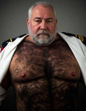 Un Guardia Civil español de 65 años, con una constitución grande y gordo, cubierto de vello en diferentes partes de su cuerpo, viste el uniforme de guardia civil, pero con la camisa desabrochada y la parte superior desprendida, mostrando su torso peludo y prominente. Su miembro viril se encuentra al descubierto, destacándose de manera notable. La cara del guardia civil refleja su edad avanzada, con arrugas y una piel más pálida, sin barba, pero con un cabello canoso que denota su madurez. Sus pezones están marcadamente visibles a través de la camisa entreabierta, lo que añade a la imagen de una figura imponente y seria. El guardia civil mira directamente al frente con una expresión seria y autoritaria, como si estuviera desafiando a quien lo observa, su postura y mirada transmiten una sensación de autoridad y control, a pesar de su edad y su estado de semi-desnudez. La imagen debería ser hiperrealista, con detalles de alta calidad que resalten cada aspecto de la escena, desde el vello del guardia civil hasta la textura de su uniforme y la seriedad de su rostro.