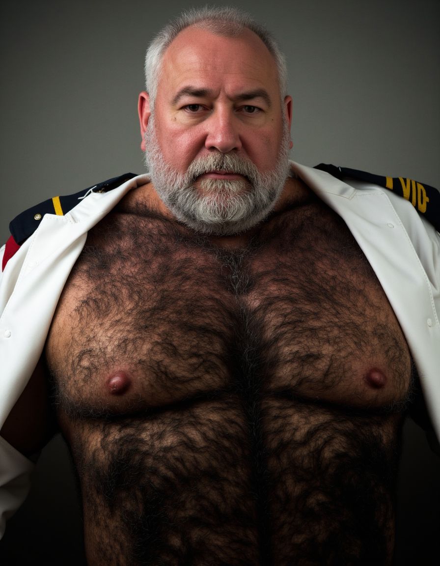 Un Guardia Civil español de 65 años, con una constitución grande y gordo, cubierto de vello en diferentes partes de su cuerpo, viste el uniforme de guardia civil, pero con la camisa desabrochada y la parte superior desprendida, mostrando su torso peludo y prominente. Su miembro viril se encuentra al descubierto, destacándose de manera notable. La cara del guardia civil refleja su edad avanzada, con arrugas y una piel más pálida, sin barba, pero con un cabello canoso que denota su madurez. Sus pezones están marcadamente visibles a través de la camisa entreabierta, lo que añade a la imagen de una figura imponente y seria. El guardia civil mira directamente al frente con una expresión seria y autoritaria, como si estuviera desafiando a quien lo observa, su postura y mirada transmiten una sensación de autoridad y control, a pesar de su edad y su estado de semi-desnudez. La imagen debería ser hiperrealista, con detalles de alta calidad que resalten cada aspecto de la escena, desde el vello del guardia civil hasta la textura de su uniforme y la seriedad de su rostro.