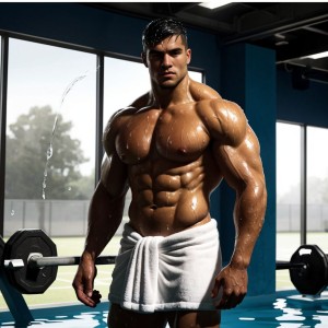 Hombre musculoso de 28 años, jugador de fútbol, cubierto de gotas de agua, parado en un gimnasio, físico atlético, torso desnudo, toalla húmeda en la cintura, piel brillante, sombras dramáticas, expresión serena y cansada, estilo fotorealista, texturas húmedas, fondo desenfocado, enfoque en la forma poderosa del jugador.